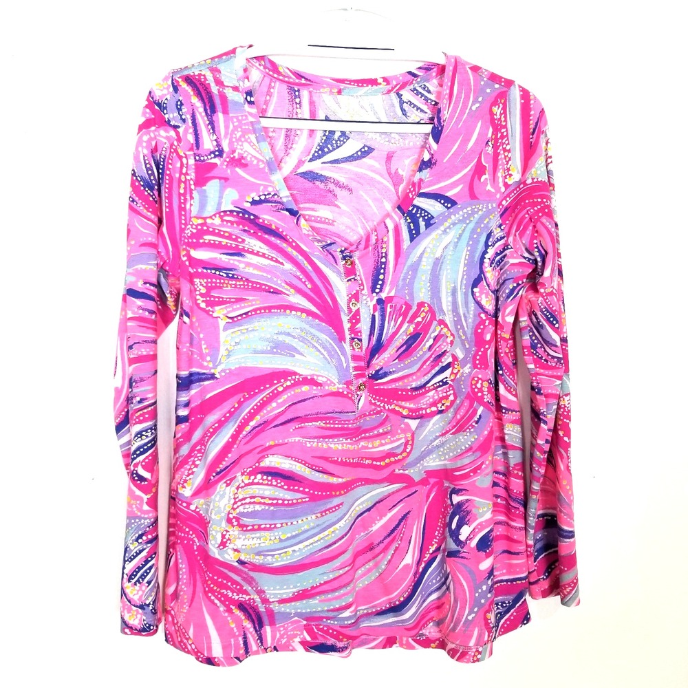 Lilly Pulitzer Sorella Top Blouse Magenta Guava Sz M Pink Vacation Pima Cotton